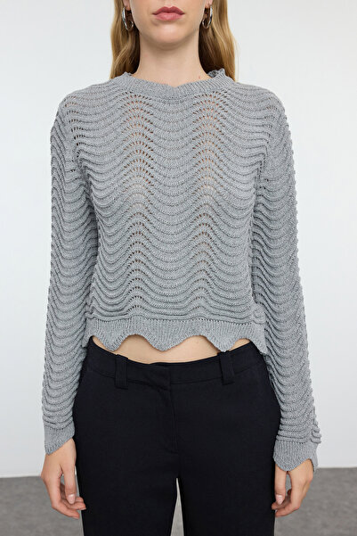 Trendyol Collection Crew Neck Gray Knitwear Sweater - Openwork/Hole, Crop, Twoaw25Kz00346