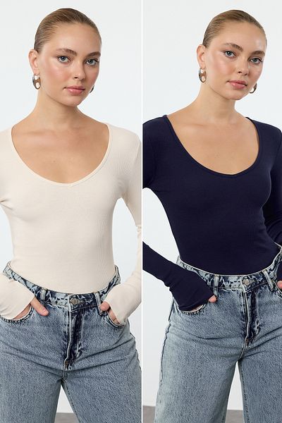 Trendyol Collection V-nyakú pamut rugalmas blúz - sötétkék/kő 2 csomag, testhez simuló Twoaw24bz00068