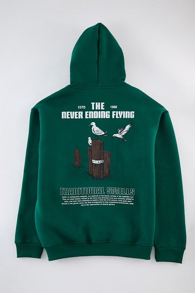 Trendyol Collection Μπλούζα από βαμβακερό φλις με κουκούλα Emerald Green Oversize - TMNAW24sw00136