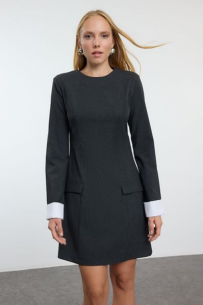 Trendyol Collection Gray Mini Woven Dress - Straight Cut and Cuff Detail Twoaw25el00332