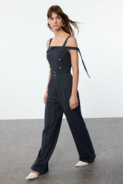 Trendyol Collection Navy Blue Striped - Long Jumpsuit with Adjustable Sleeves and Belt Twoaw25Tu00017
