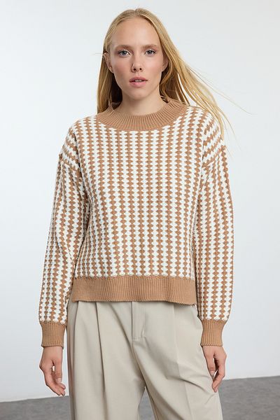Trendyol Collection Camel Colored Striped Sweater - TWOAW25KZ00254