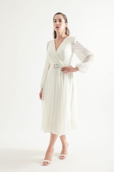Lafaba Λευκό Chiffon Midi Βραδινό Φόρεμα - Γυναικείο φόρεμα με ζώνη