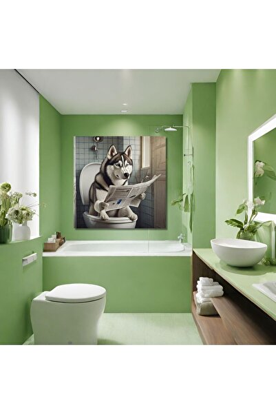 GAAGART Tekli Kare Kanvas Banyo Tablosu Gazete Okuyan Sibirya Kurt Köpeği