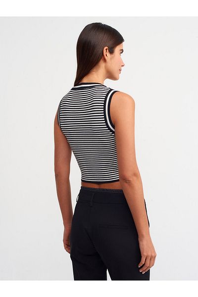 Dilvin 10559 Tricotaj cu dungi cu decolteu în dungi Top-Negru-Ecru
