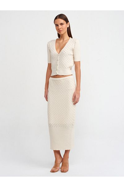Dilvin 80112 Openwork Elastic Waist Lined Knitwear Skirt-Ecru