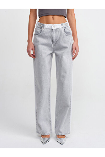 Dilvin 71447 Double Color Belt Epaulettes Denim Trousers-Grey