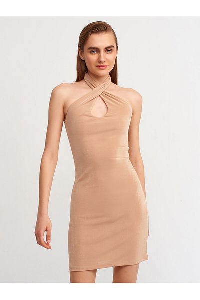Dilvin 90318 Kreuzgebundenes Minikleid – Kamel