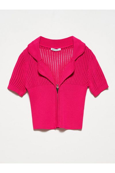 Dilvin 60187 Jacket Collar Zippered Knitwear Cardigan-Fuchsia