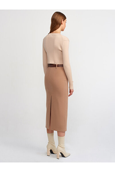 Dilvin 80831 Yırtmaçlı Yumuşak Dokulu Etek-camel