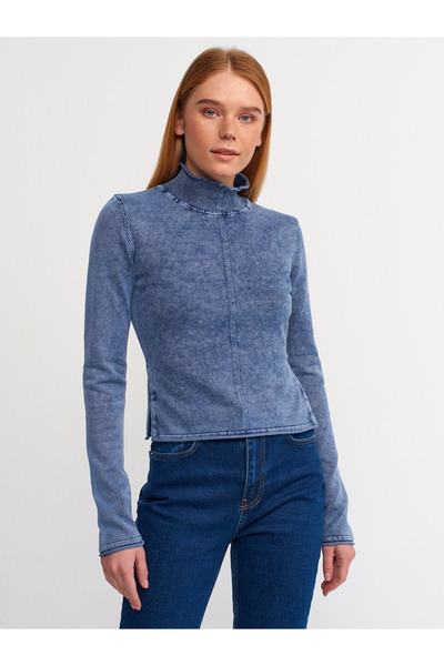 Dilvin 10506 Soluk Efektli Yarım Balıkçı Yaka Agraflı Kazak-İndigo