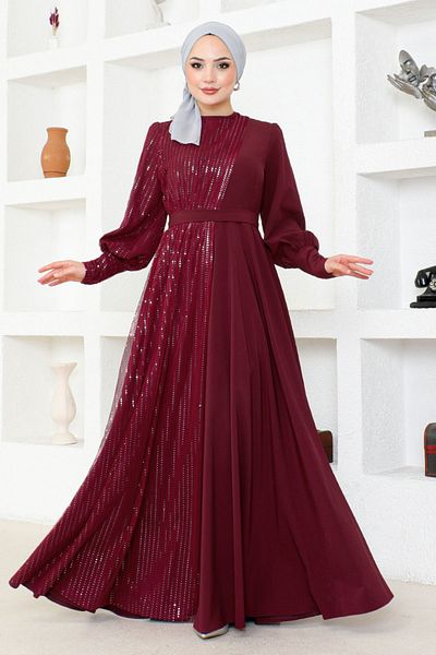 Ayşe Melek Burgundy Evening Dress Fashion Tasseled Scuba Short Dress - 2703