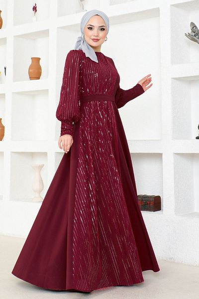 Ayşe Melek Burgundy Evening Dress Fashion Tasseled Scuba Short Dress - 2703