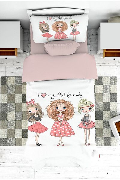 on the clouds I Love Best Friends Patterned Girl's Bedspread and Pillowcase - Pike