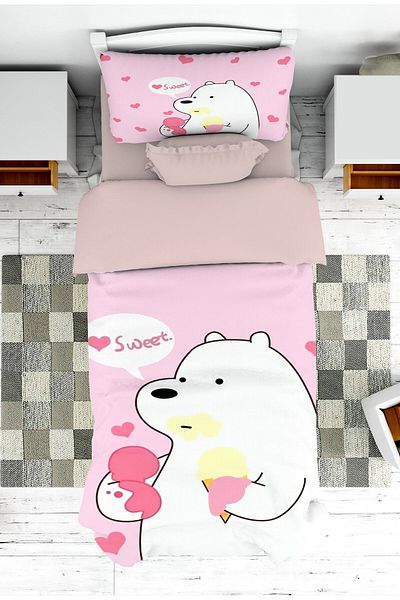 on the clouds Sweet Teddy Bear Patterned Girl's Bedspread and Pillowcase - Pike
