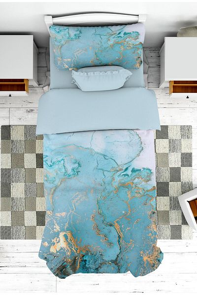 on the clouds Blue Marble Patterned Modern Youth Bedspread and Pillowcase - Pike