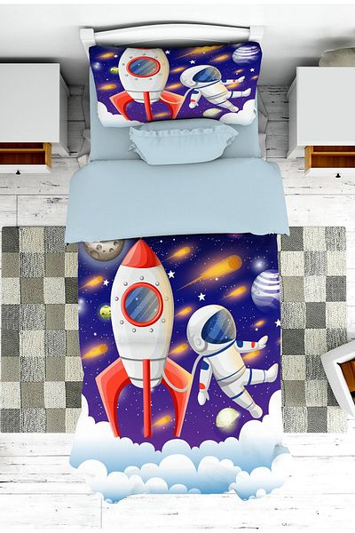 on the clouds Boy's Room - Astronaut Patterned Bedspread and Pillowcase Pique