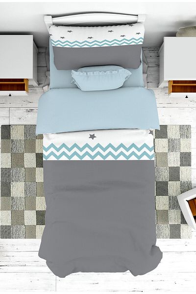 on the clouds Boy's Room - Geometric Patterned Blue Gray Bedspread and Pillowcase Pique