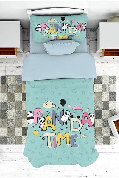 on the clouds Panda Patterned Boy's Bedspread and Pillowcase