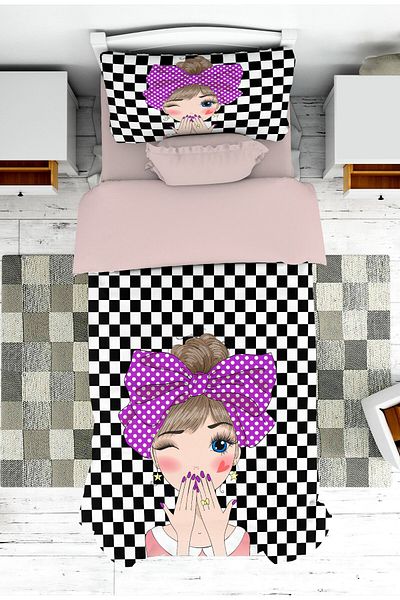 on the clouds Girl Patterned Baby and Kids Room - Kiss Bedspread and Pillowcase Pique