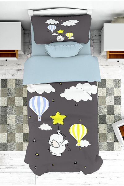 on the clouds Boy's Bedspread - Flying Balloon Elephant, Star Pattern, Pique Pillowcase