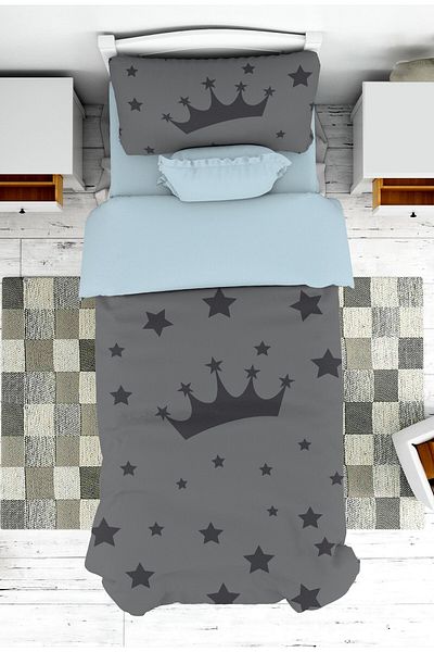 on the clouds Boy's Gray Crown Patterned Bedspread and Pillowcase - Pike
