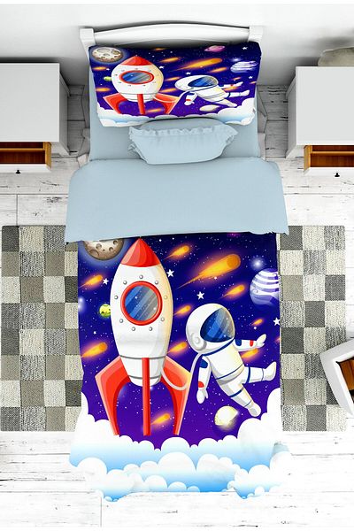 on the clouds Boy's Bedspread - Rocket Space Pattern, Baby and Children's Room, Pillowcase Pique