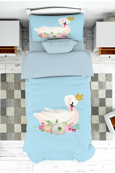 on the clouds Swan Patterned Baby and Kids Bedspread and Pillowcase - Pike