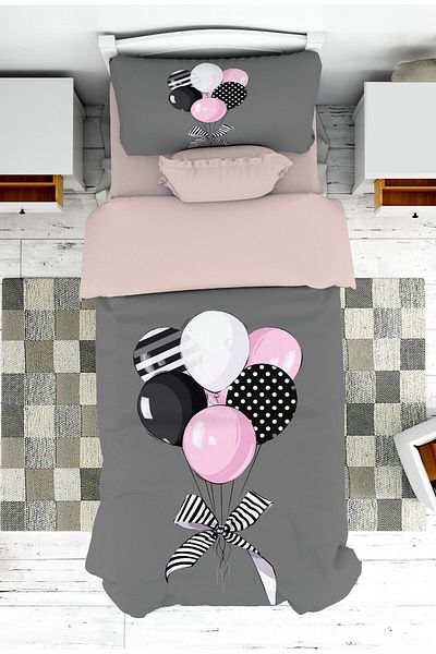 on the clouds Balloon and Ribbon Patterned Bedspread and Pillowcase for Young Girl - Pike