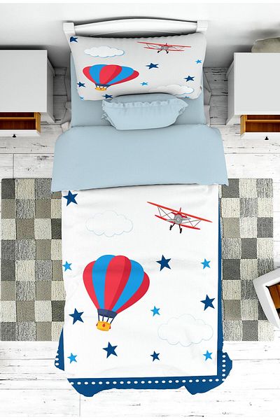 on the clouds Boy's Flying Balloon Airplane Patterned Bedspread and Pillow - Pike