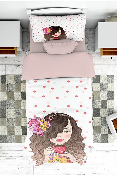 on the clouds Girl's Room - Coffee Patterned Bedspread and Pillowcase Pique