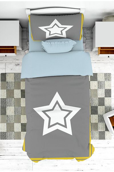 on the clouds Gray Floor Star Patterned Young Children's Bedspread and Pillowcase Pique