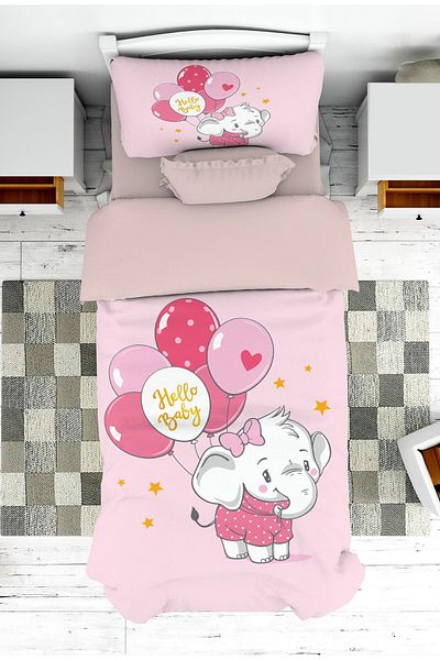 on the clouds Elephant Patterned Bedspread and Pillowcase with Balloons for Baby - Pike