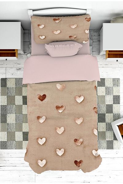 on the clouds Pink Heart Patterned Modern Youth Bed and Pillow Set - Pike