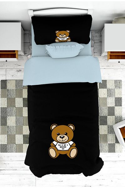 on the clouds Black Boy's Bed and Pillowcase - Teddy Bear Patterned Pique