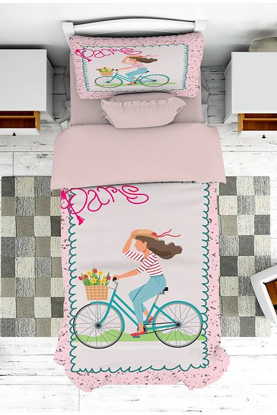 on the clouds Paris Themed Girl's Bedspread - Bicycle and Pike Pillowcase