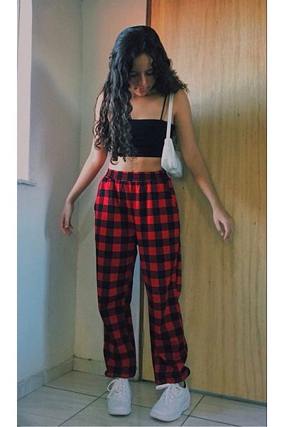 GOSSİP TEAM Gossip Team Y2K - Unisex Black Red Plaid Trousers with Elastic Waist Detail