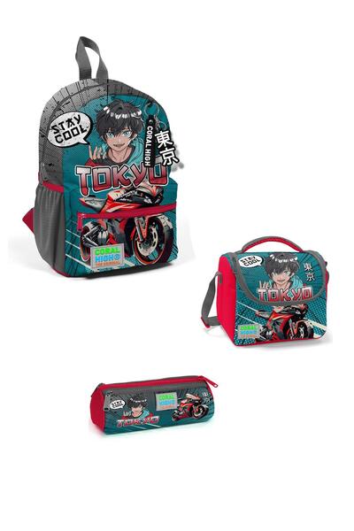 Coral High Gray Anime Motorcycle Patterned Tiny Nest Backpack - Set of 3 with Two Compartments 3Set23564