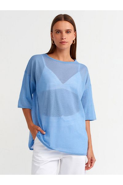 Dilvin 10550 Model - Crew Neck, Short Sleeve, Transparent Blouse, Blue