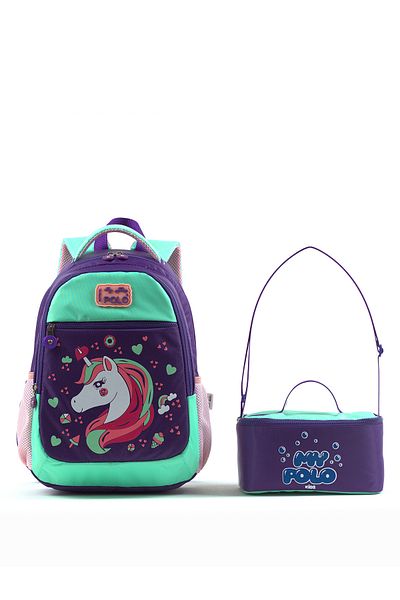 MY POLO Раница за начално училище за момиче, модел 2060, с шарка на еднорог, котка и фламинго - ЛИЛАВА