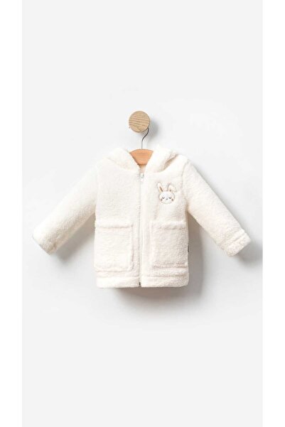 Bubito Rabbit Embroidered Plush Welsoft Winter Cardigan for Baby Girl - Zip and Pocket, White