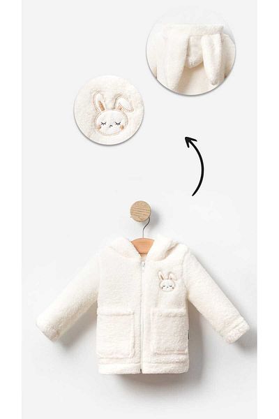 Bubito Rabbit Embroidered Plush Welsoft Winter Cardigan for Baby Girl - Zip and Pocket, White
