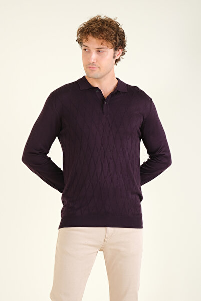 Giyim Dünyası Erkek Baklava Desenli Polo Yaka Merserize Kazak Mor