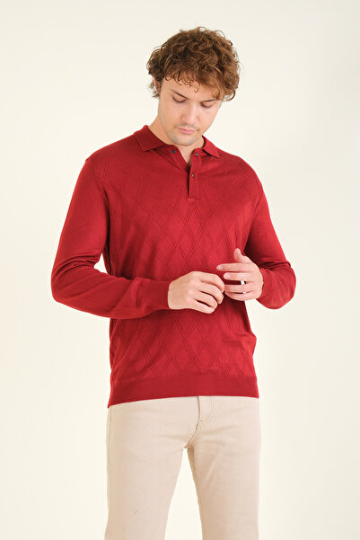 Giyim Dünyası Red Men's Polo Collar Diamond Patterned Mercerized Sweater