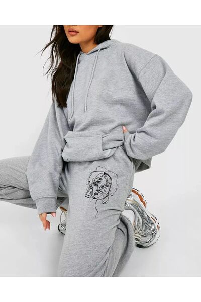 Pink Sky Face Printed Gray Tracksuit Set - Oversize Hooded Bottom and Top Set