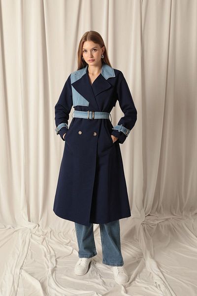 Butik Şenel Navy Blue Torino Fabric Women's Trench Coat - Denim Garnished