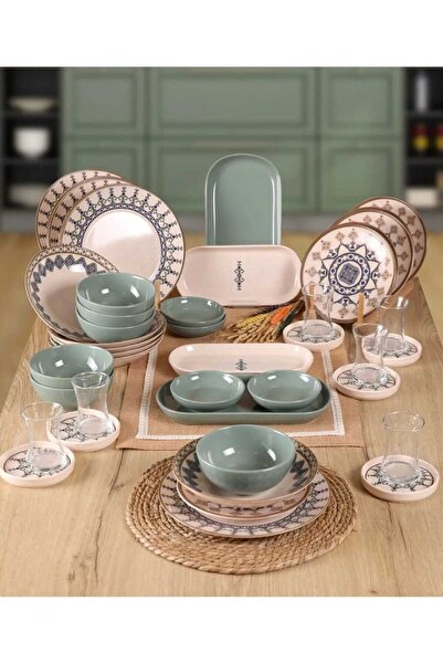 Keramika Takım Yemek Ve Kahvaltı Geometrik Yeşil renk
