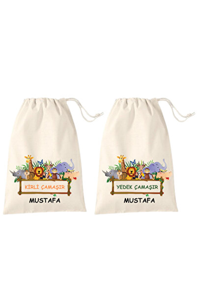 Elbasan Tekstil İsme Özel Kirli Yedek Çamaşır Torbası 30 x 40 cm Valiz İçi Organızer Bez Torbası 2li