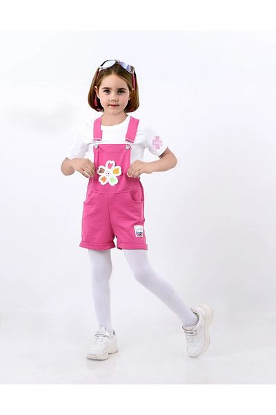 Kamex Fuchsia Girl's Salopet - Short Sleeve and Daisy Embroidered T-Shirt