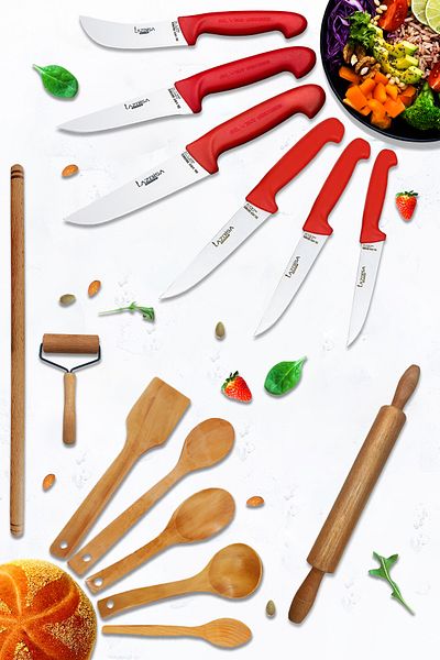 LAZBİSA Silver Series 14 Piece Kitchen Knife and Wooden Board Set - Spoon Rolling Pin